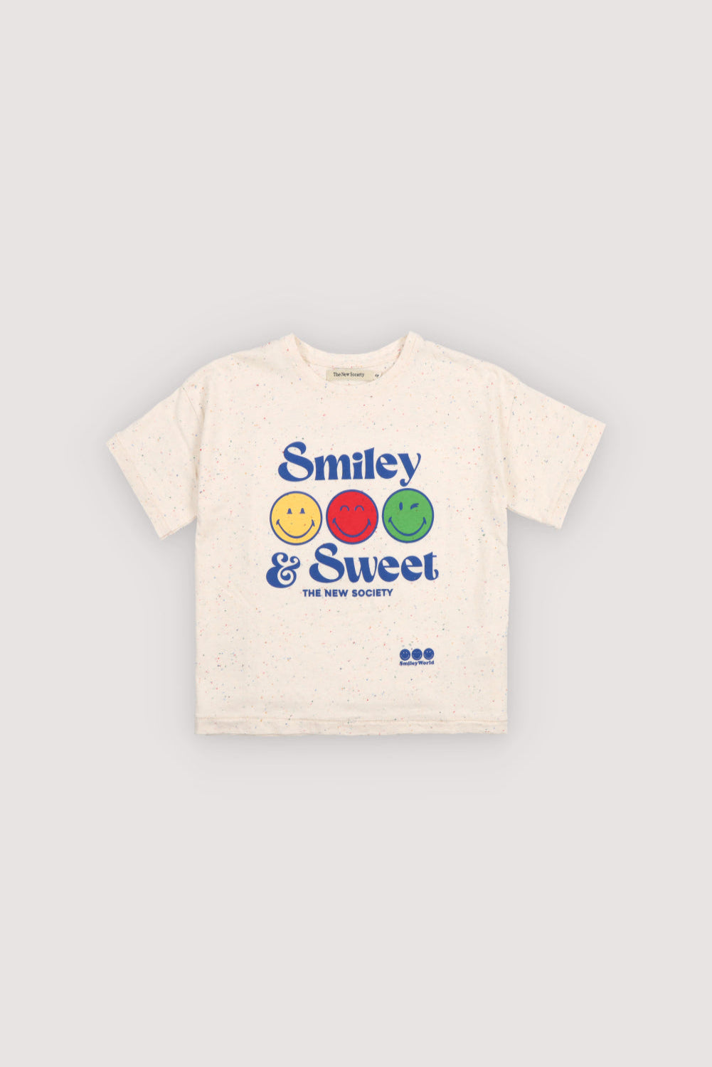 Front view of a fun, lightweight speckled jersey T-shirt with SmileyWorld® graphic print for a playful look.