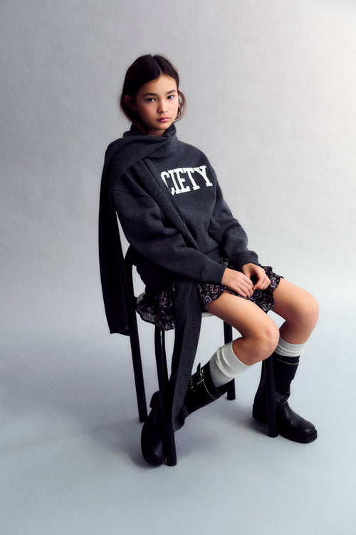 Oversized washed grey sweatshirt with a contrasting SOCIETY print on the front. Brushed on the inside and outside.