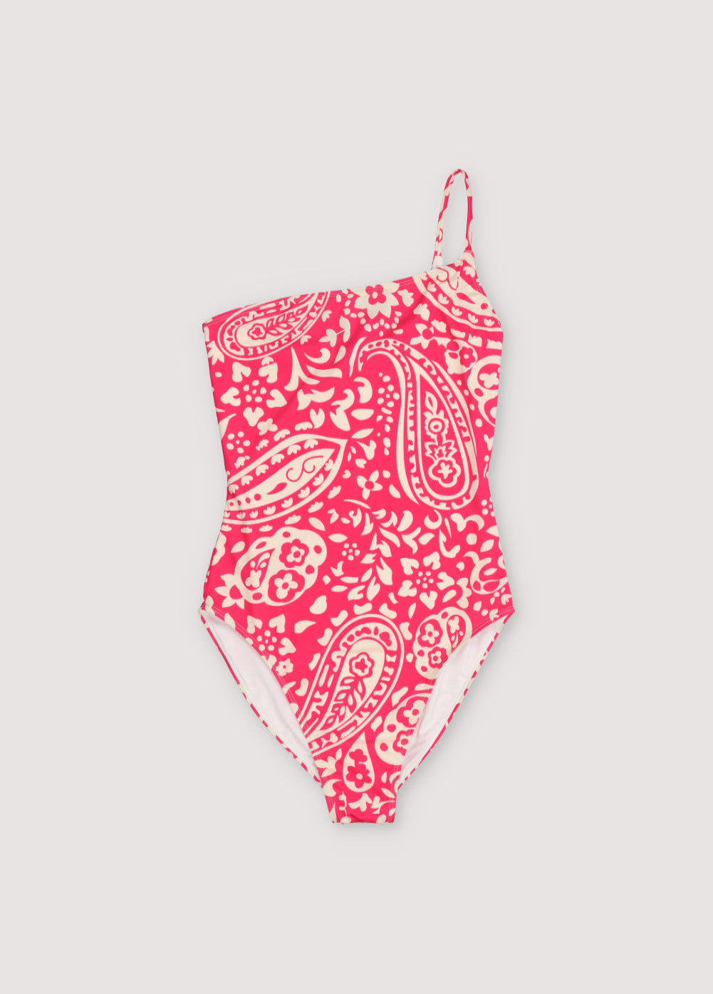 Asymmetric one-shoulder swimsuit with a beautiful fucsia print.

