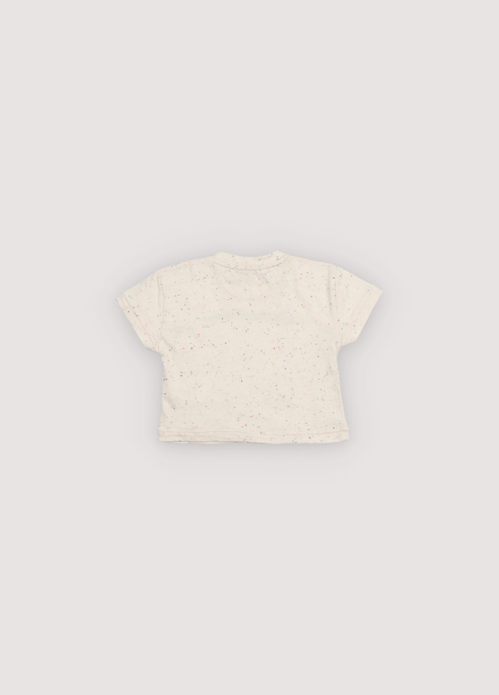 Fun speckled jersey T-shirt featuring a SmileyWorld® print on the front and shoulder snaps for easy wear, adding a playful, practical touch.