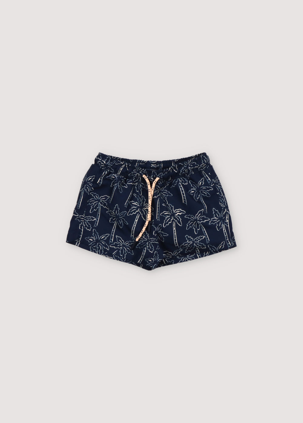 Swimsuit with contrast palm tree print on a navy background, featuring an elastic waistband with an adjustable drawstring. Spring Summer Collection. The New Society.