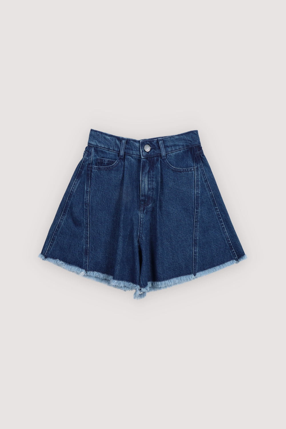 Dark wash denim shorts featuring a&nbsp;side cut for added leg volume, a raw cut hem, and a branded embroidery detail on the back, combining casual style with a playful, modern touch.