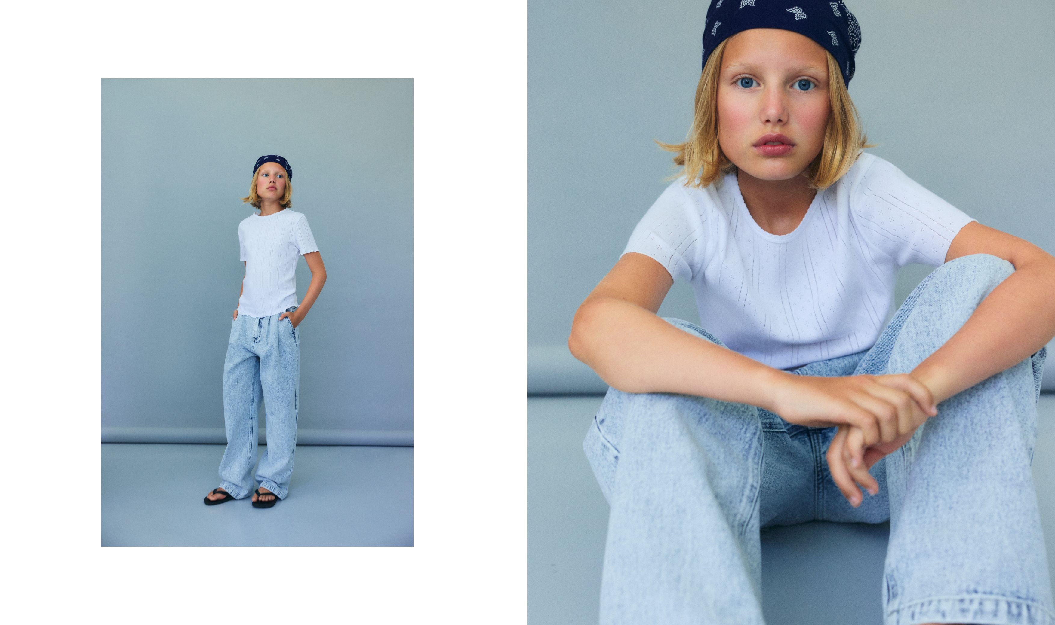 Teen denim trousers crafted from bleach-washed cotton using our signature pinched denim pattern. 