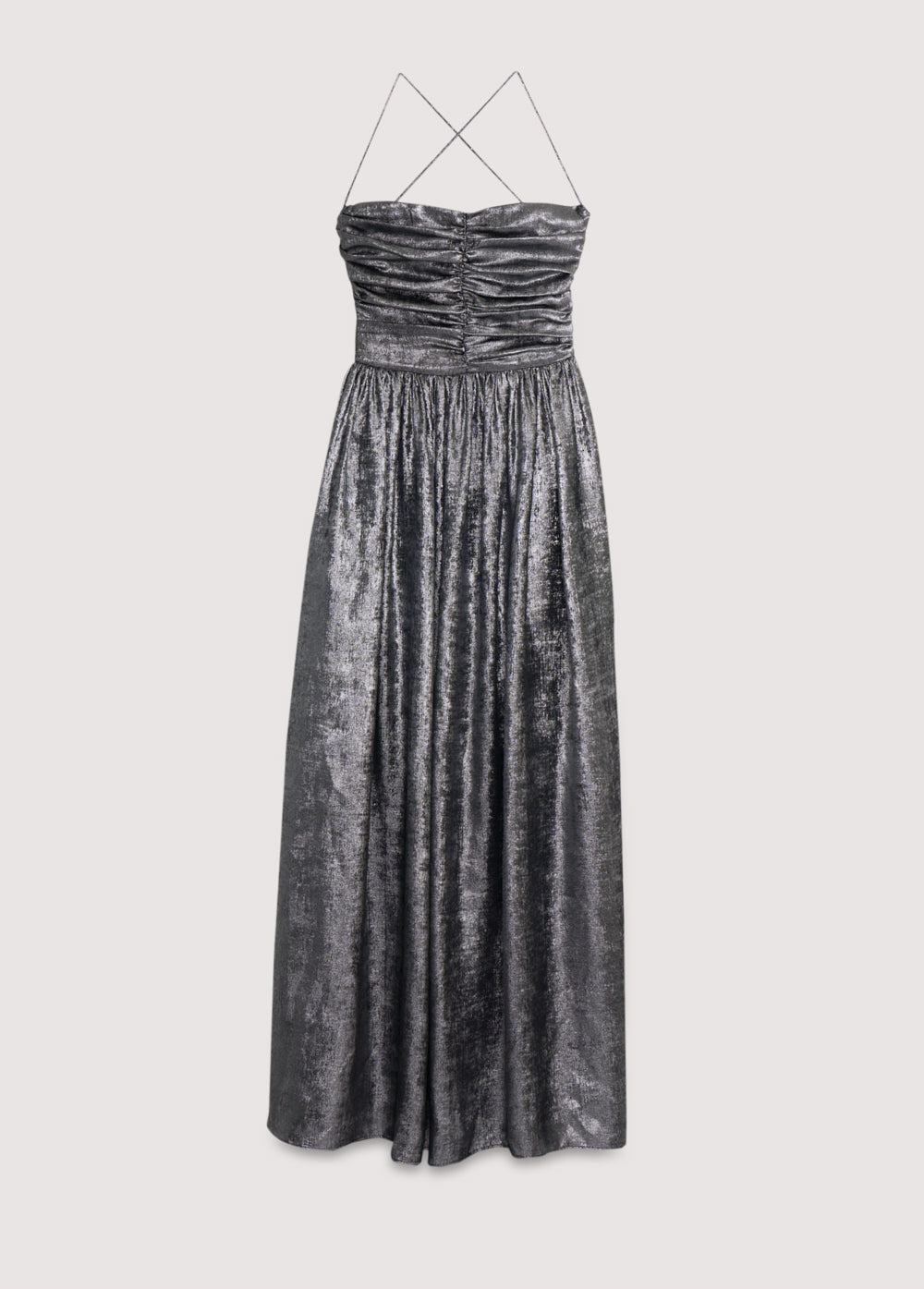 Silver shine dress with a waist cut and front ruching. It features spaghetti straps that cross at the back and a zipper closure.