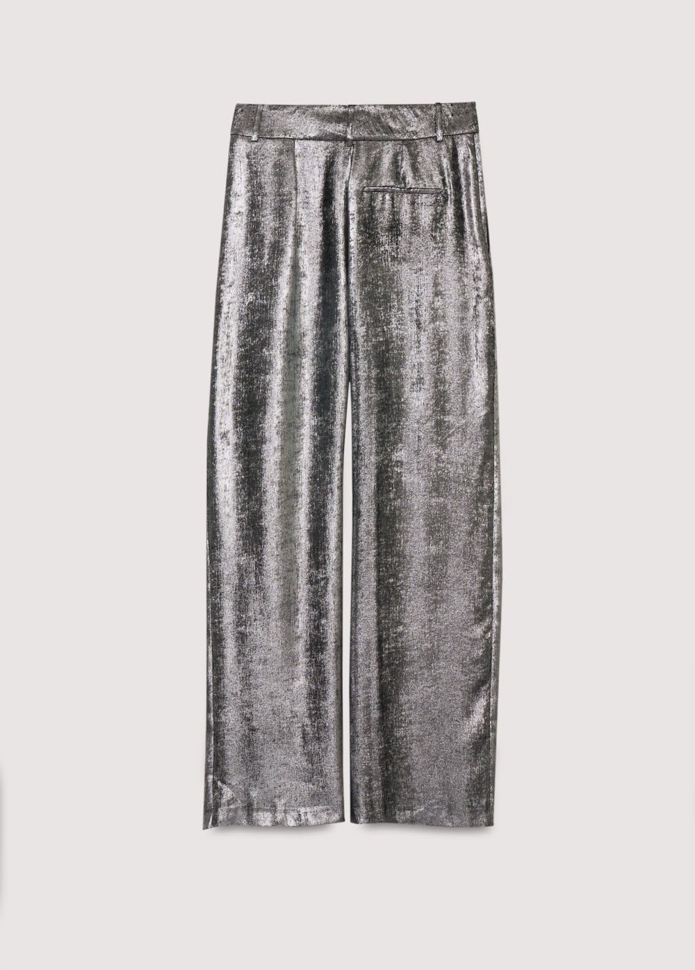 Straight pants in silver shine fabric with front pleat detailing, pockets, and a crossover waistband with a hidden button.