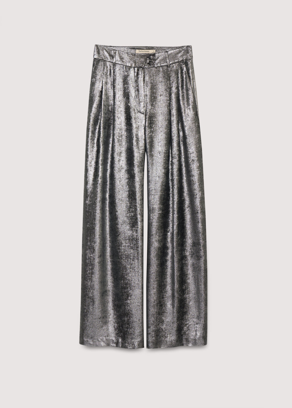 Straight pants in silver shine fabric with front pleat detailing, pockets, and a crossover waistband with a hidden button.