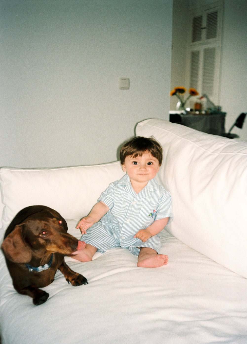 100% 면 시어서커 ​​소재로 제작된 반소매 셔츠. 전면 포켓과 경쾌하고 생동감 넘치는 브랜드 자수가 특징입니다.