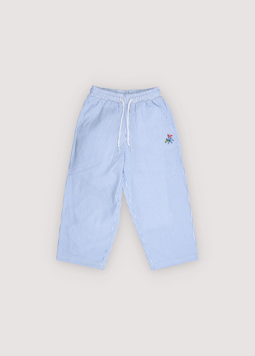 Cotton seersucker pants with pretty blue stripes, designed with a drawstring waistband for a comfortable and adjustable fit. 