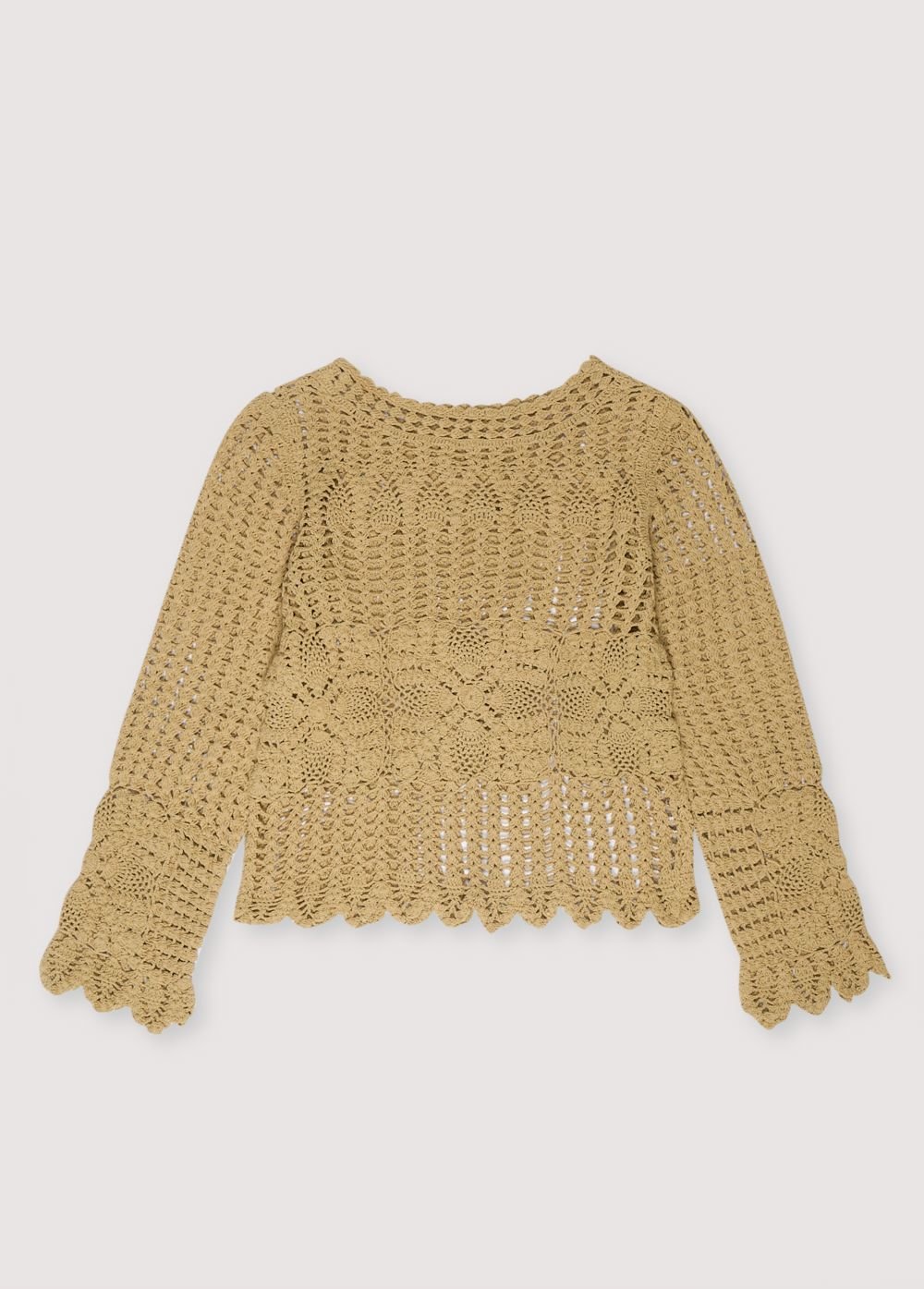 Long sleeve jumper entirely made with a beatiful crochet detailing. Spring Summer Collection. The New Society. 