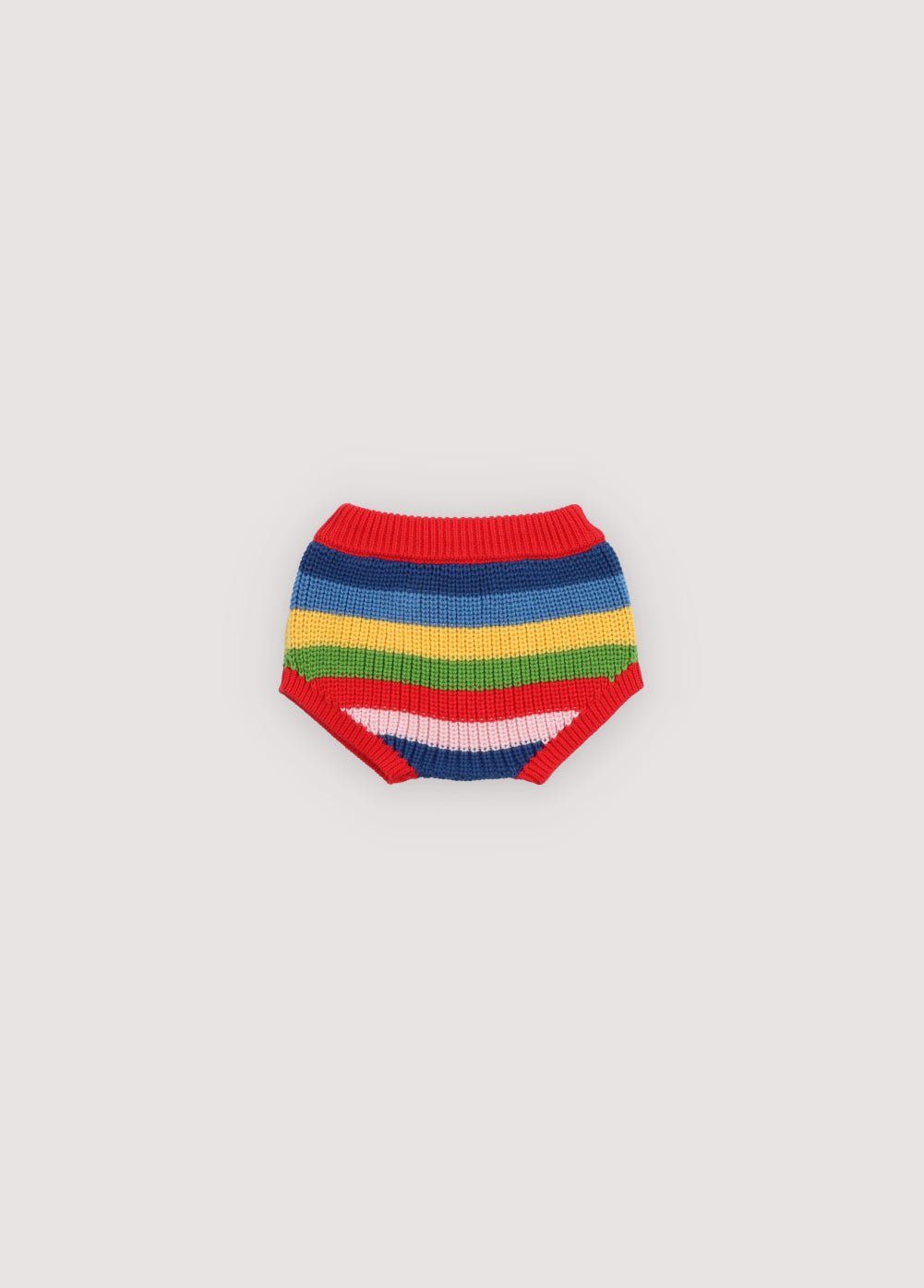 Baby bloomers crafted from lightweight knit with a charming multicolor stripe pattern.