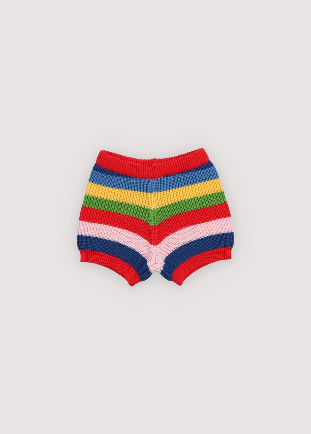 Fine cotton knit shorts featuring a playful multicolor stripe pattern and a ribbed elastic waistband for a comfortable fit