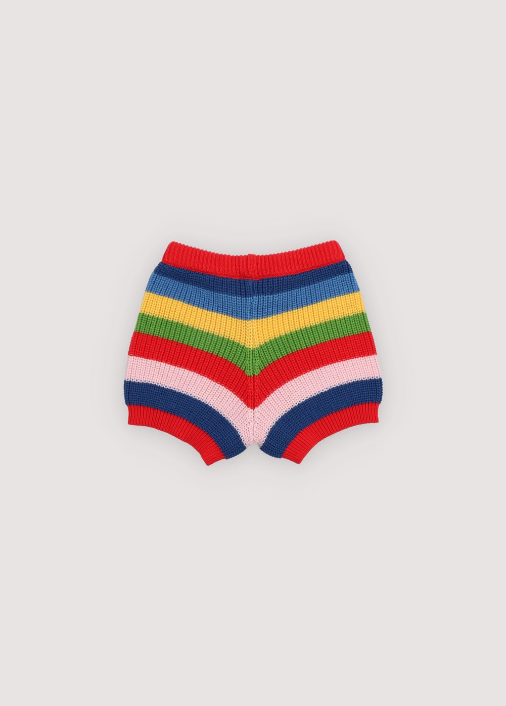 Fine cotton knit shorts featuring a playful multicolor stripe pattern and a ribbed elastic waistband for a comfortable fit