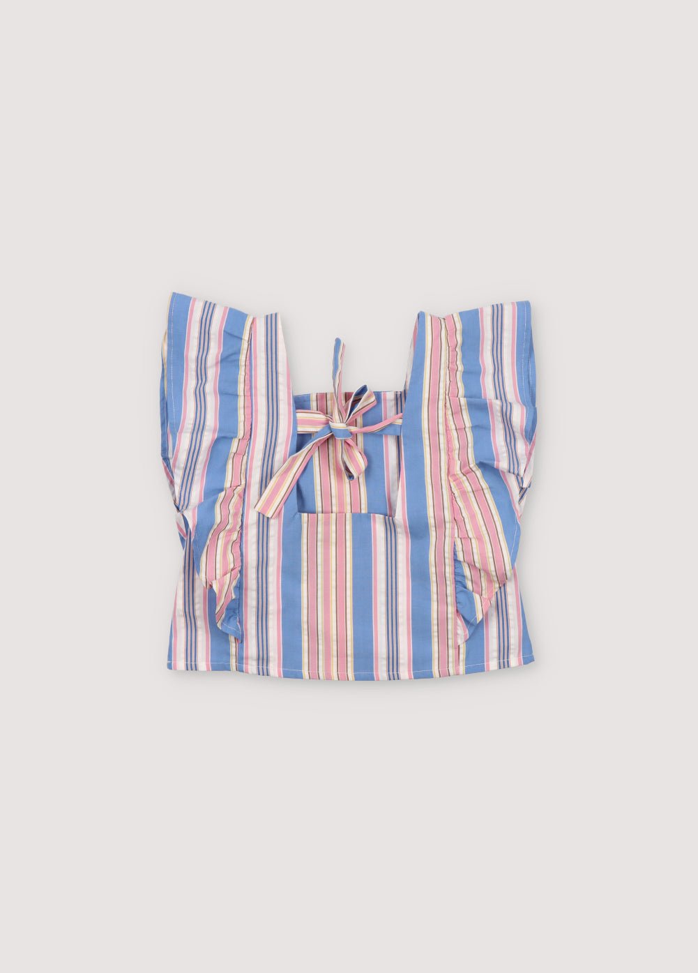 Blouse Chara en tissu rayé 100% coton, avec volants sur les côtés et dos réglable par lien.