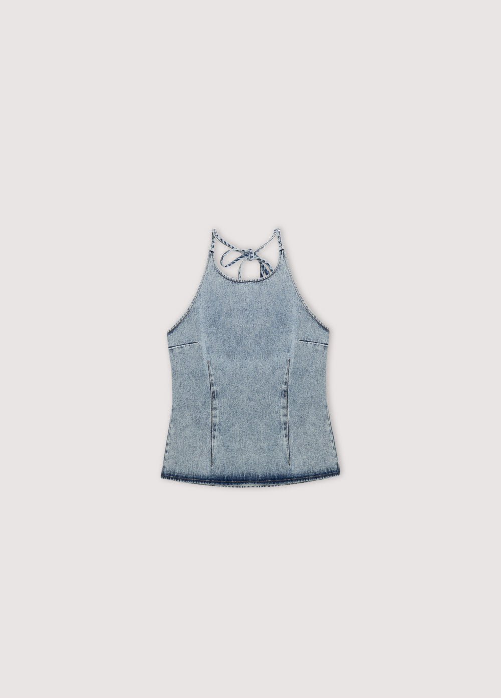 Chios Teen Top in denim fabric 100% cotton, halter neck top with bust darts and a fitted waist, with a side zipper. Spring Summer Collection. The New Society.