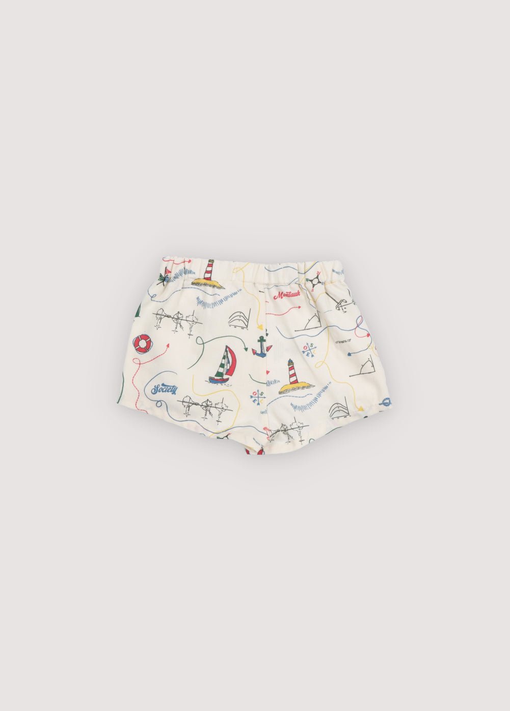 Soft and lightweight cotton bermuda shorts featuring a vibrant multicolor map print and an adjustable drawstring waistband for a comfortable, flexible fit.