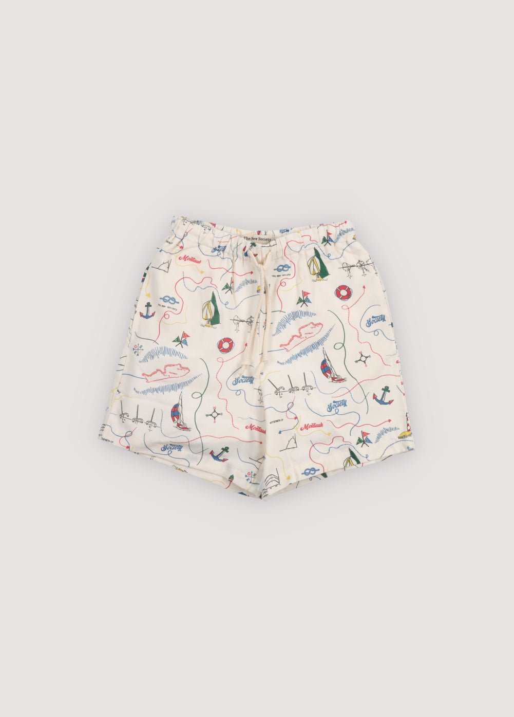 Soft cotton bermuda shorts featuring a unique multicolor map print and an adjustable drawstring waistband for a comfortable, tailored fit.