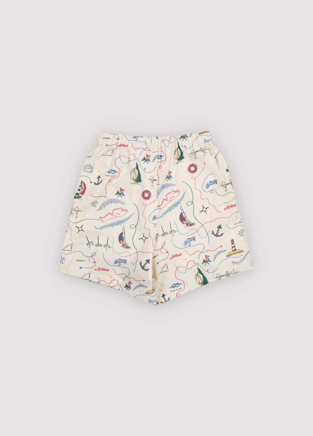 Soft cotton bermuda shorts featuring a unique multicolor map print and an adjustable drawstring waistband for a comfortable, tailored fit.