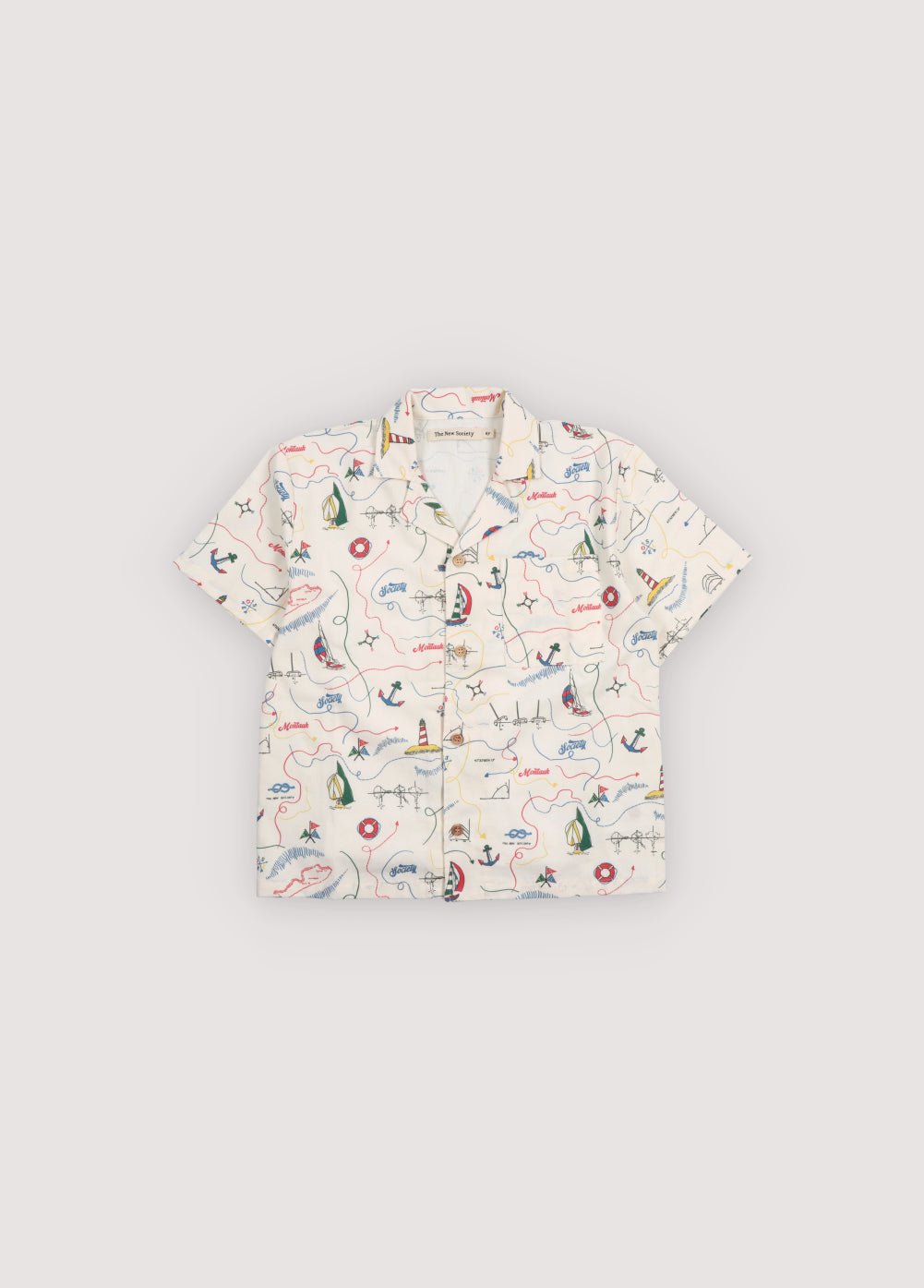 Short sleeve shirt in&nbsp;soft cotton featuring a unique multicolor map print and a front button closure with wooden buttons. 