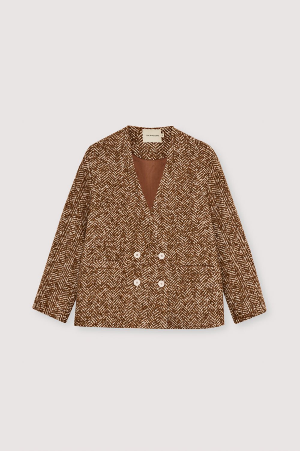 Ein zweireihiger Wollblazer mit vier Knöpfen und Taschen.