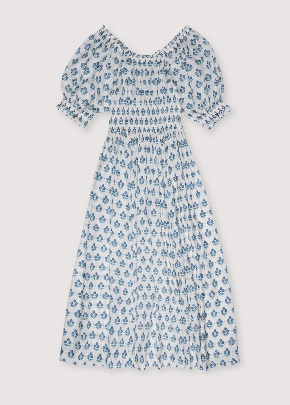 Eleni Woman Dress, our bestseller now featuring our Hyacinth print in 100% cotton poplin fabric. V-neck, elasticized, puff sleeves, and midi length. Spring Summer Collection. The  New Society.