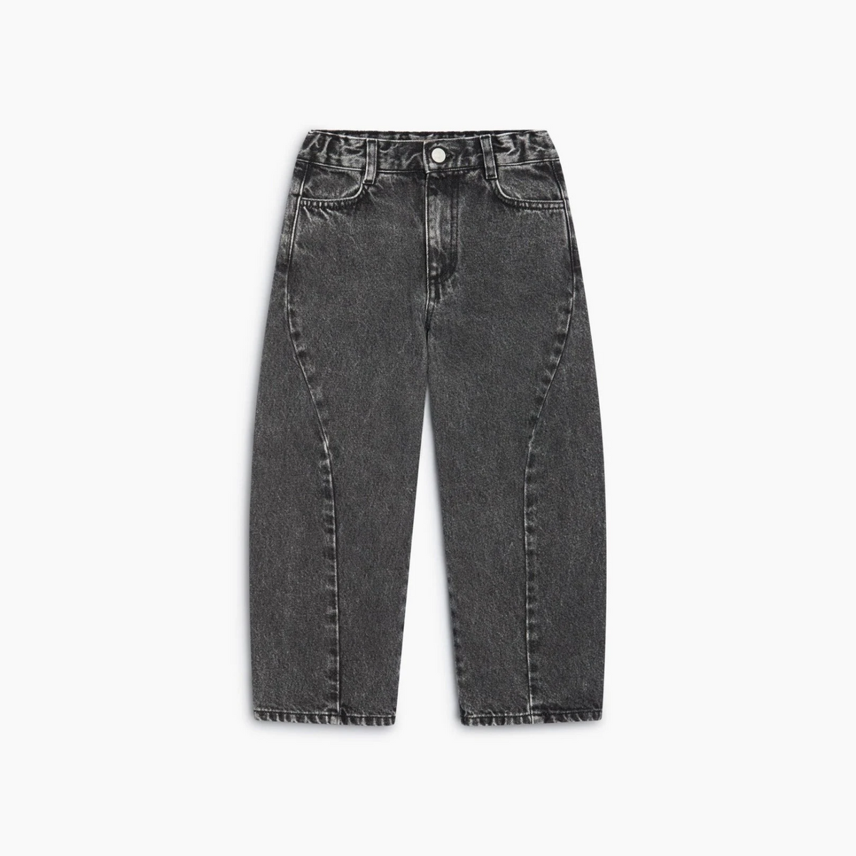 A pair of high-waisted, wide-leg cropped jeans in a washed charcoal gray denim, shown flat against a light gray background.
