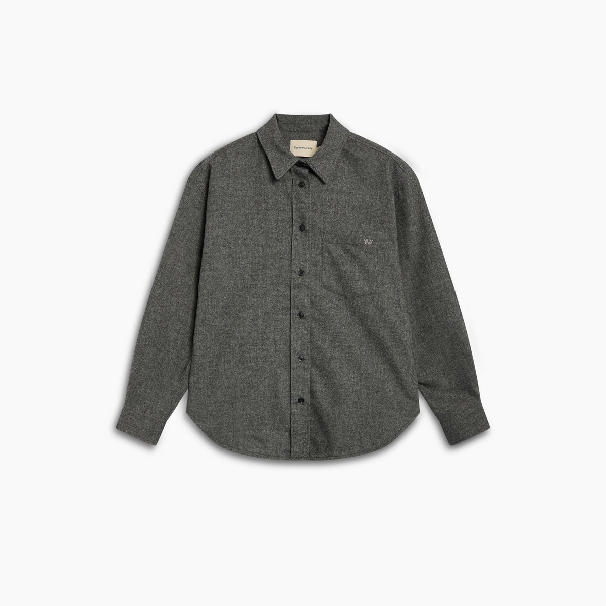 A dark gray textured long-sleeve button-up shirt with a chest pocket, displayed flat against a light gray background.
