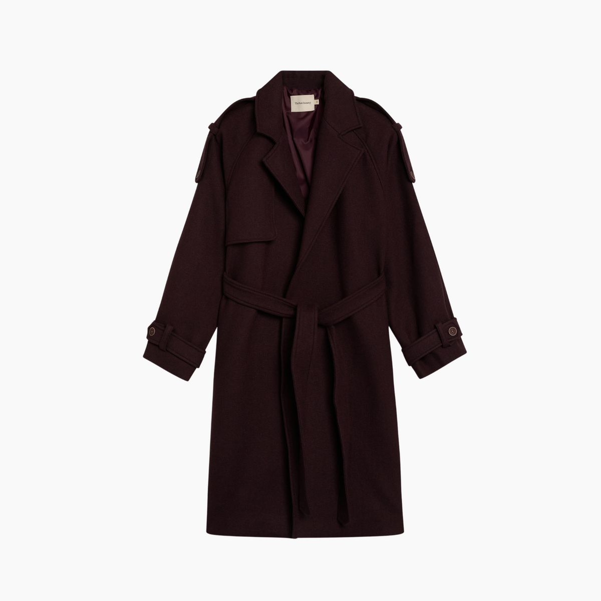 A dark plum-colored trench coat with a matching waist tie belt, displayed flat against a solid off-white background.