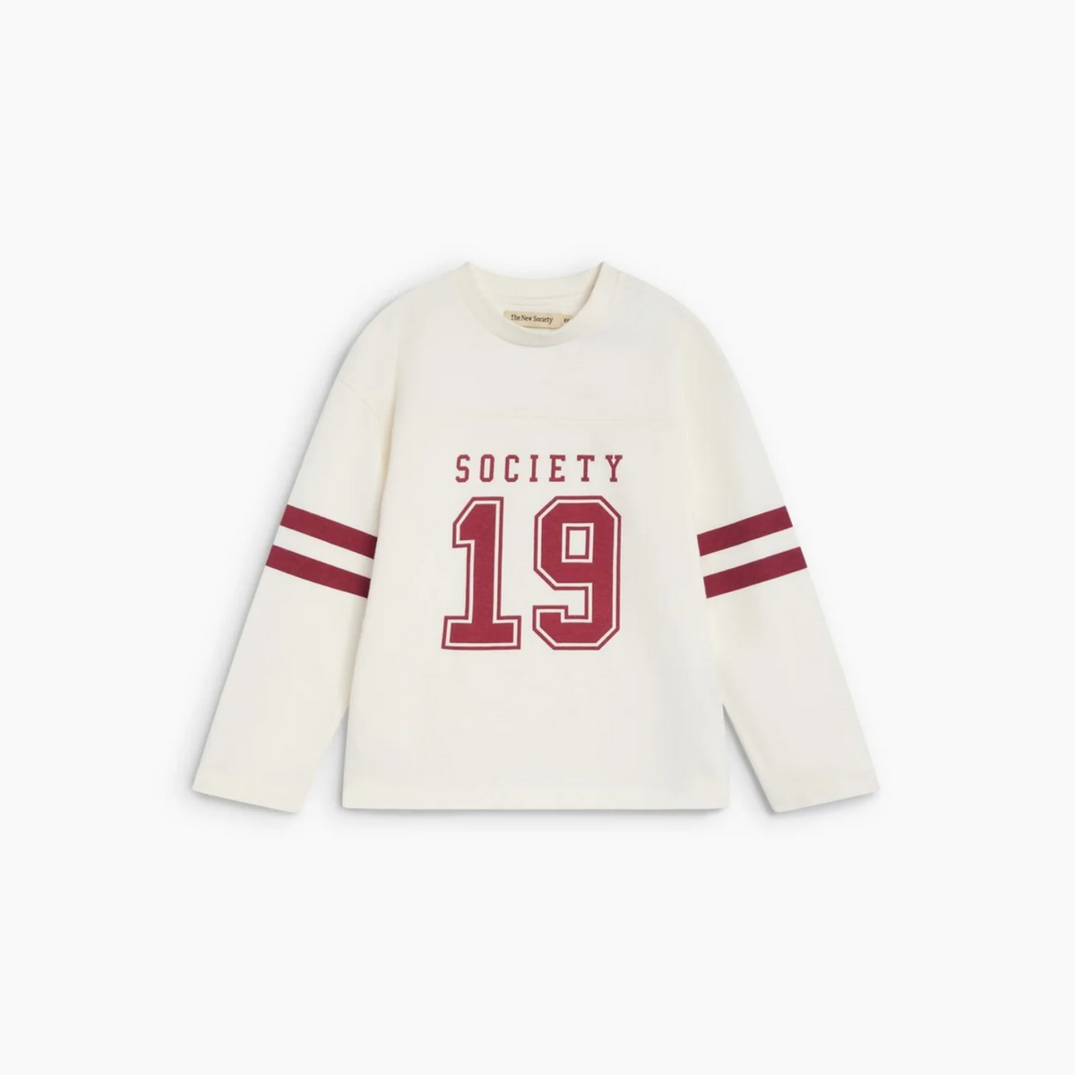 An off-white long-sleeve crewneck sweatshirt featuring 'SOCIETY 19' printed in maroon on the front, with matching maroon stripes on the sleeves, shown against a plain white background.
