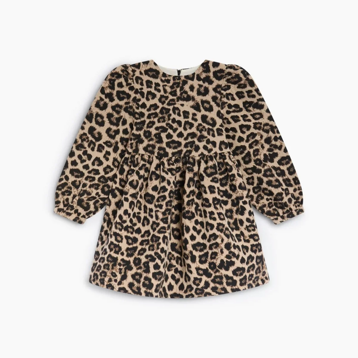A children's long-sleeve top with a beige, brown, and black leopard print pattern, featuring a gathered waist and ruffled shoulders, shown on a plain light gray background.