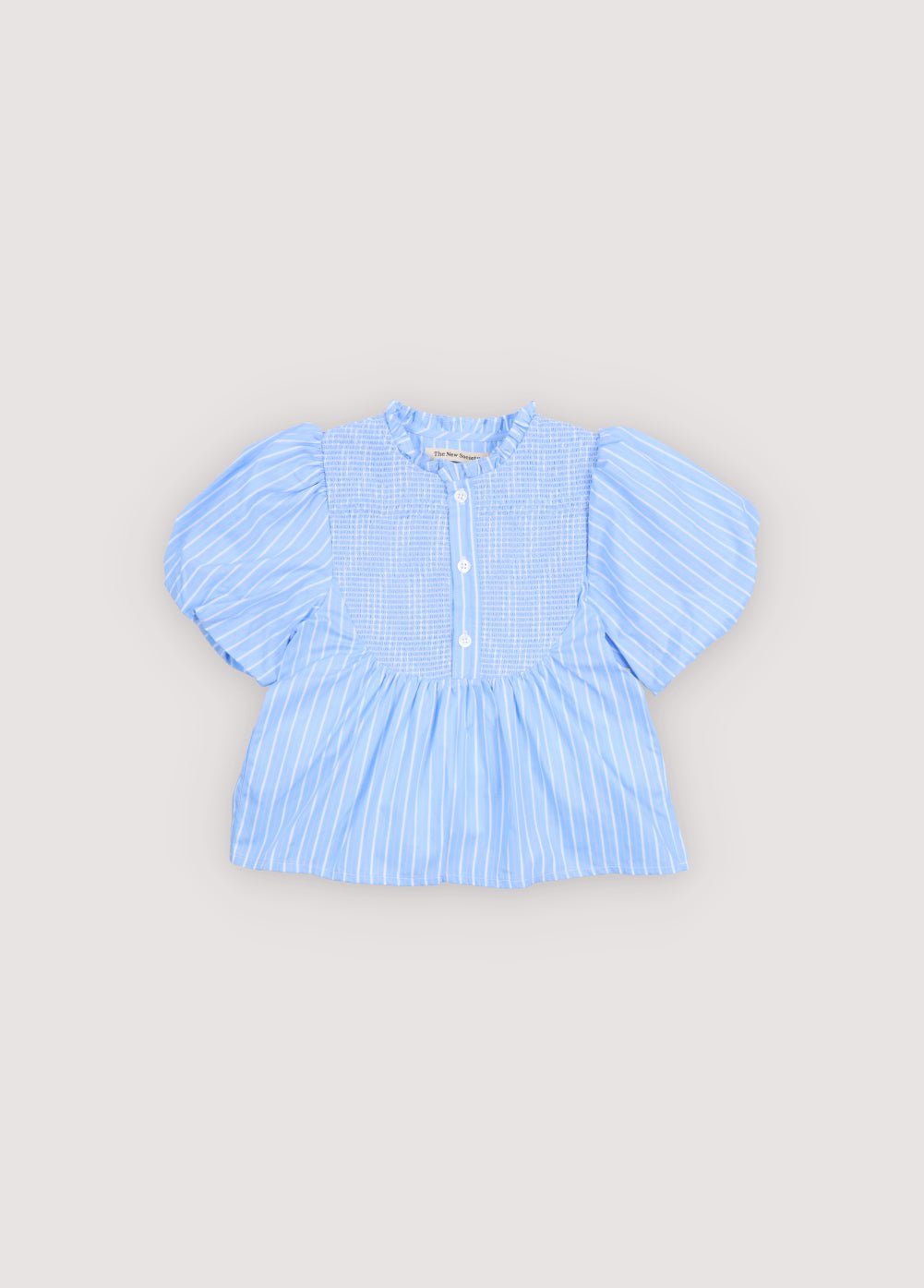 Blue striped blouse featuring a beautiful smocked front with button opening and original puff sleeves, making it a truly special and feminine piece