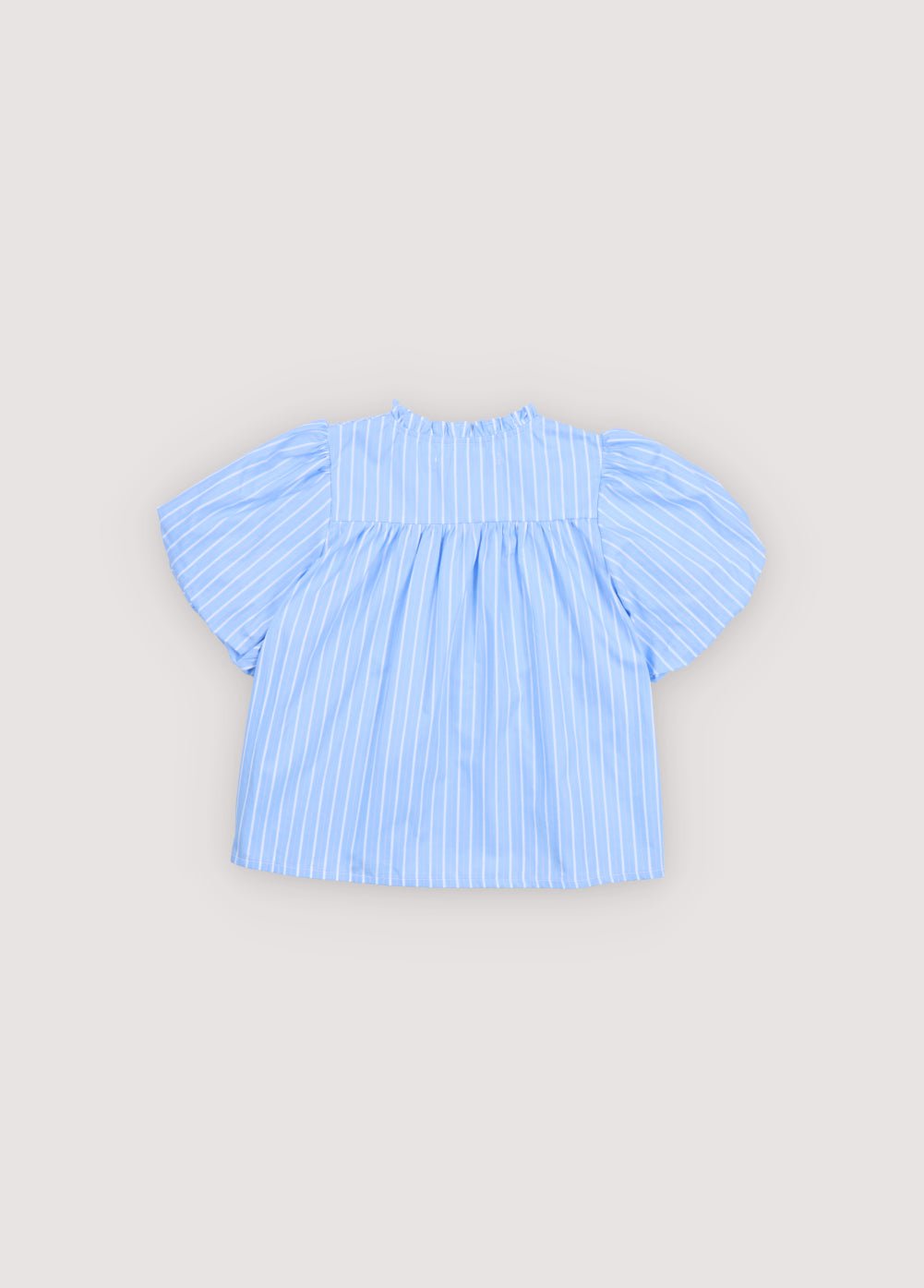 Blue striped blouse featuring a beautiful smocked front with button opening and original puff sleeves, making it a truly special and feminine piece