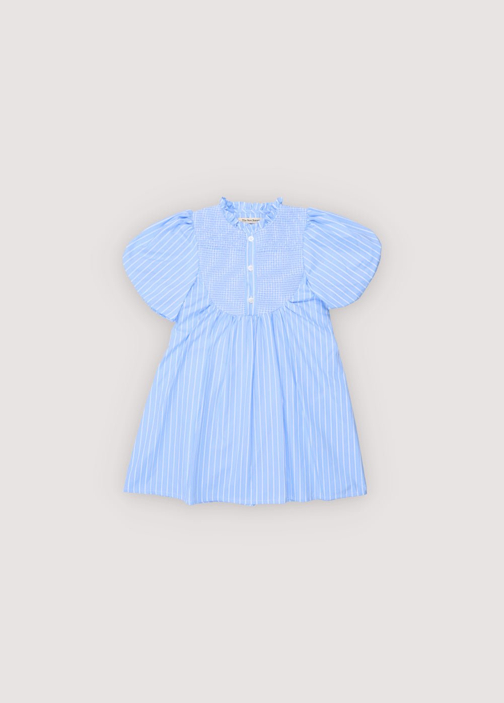 Short striped cotton dress featuring a delicate smocked front, button opening, and stunning puff sleeves that make it a truly special piece.