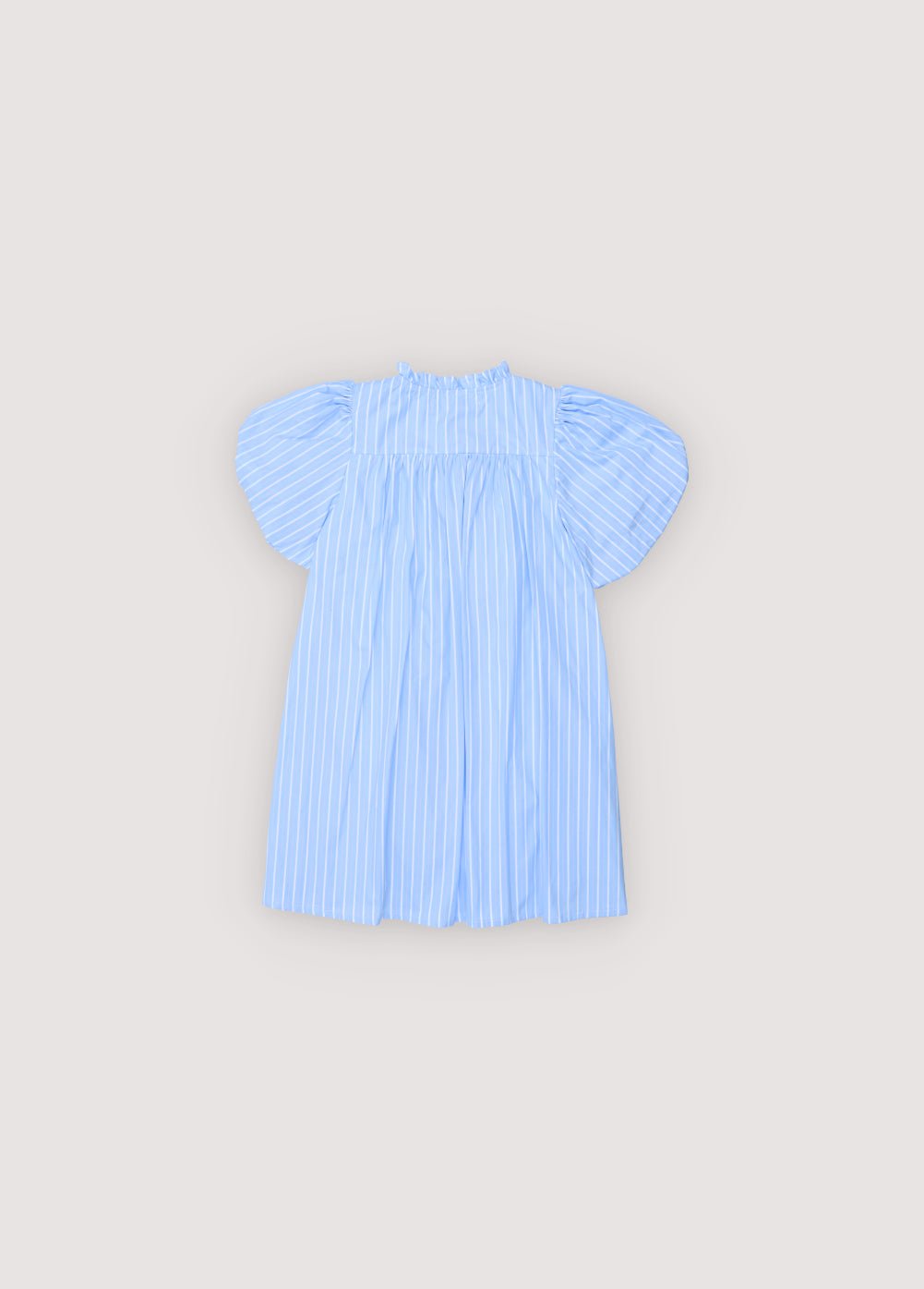 Short striped cotton dress featuring a delicate smocked front, button opening, and stunning puff sleeves that make it a truly special piece.