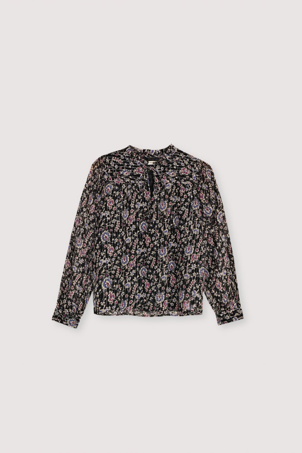 
Viscose blouse with lurex and a beautiful print. It features a front keyhole opening with a tie closure and hand-pleated detailing.