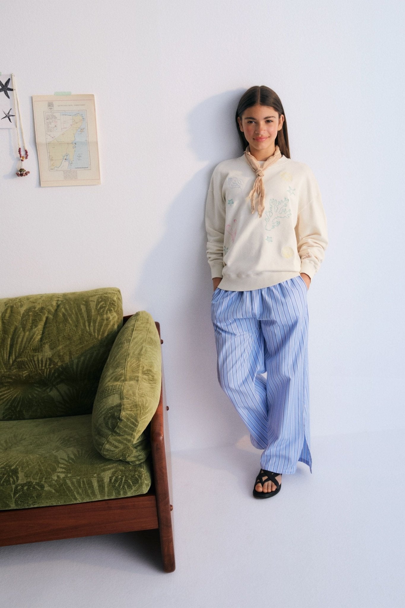 Hebe Teen Pant in 100% cotton striped fabric with side pockets and a custom The New Society central label. Spring Summer Collection. The New Society.