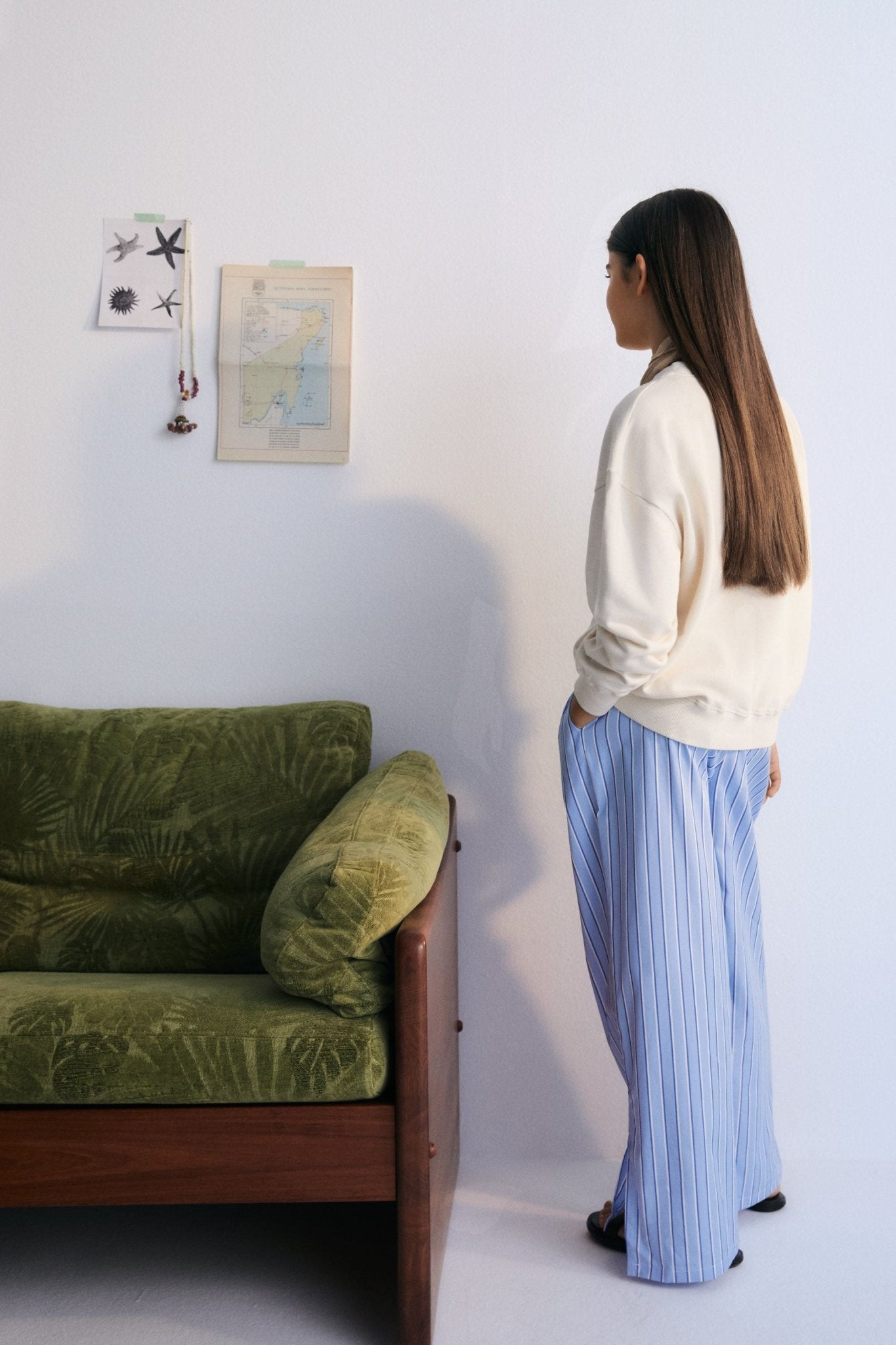 Hebe Teen Pant in 100% cotton striped fabric with side pockets and a custom The New Society central label. Spring Summer Collection. The New Society.