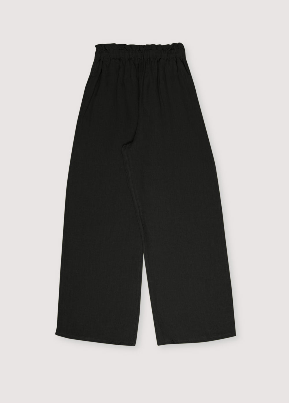 Hera Woman Pant in 100% linen, available in three colors: caviar, macadamia, and olive, to complete the total look with blouse and coat. Straight-leg pants with elastic waistband and side pockets.