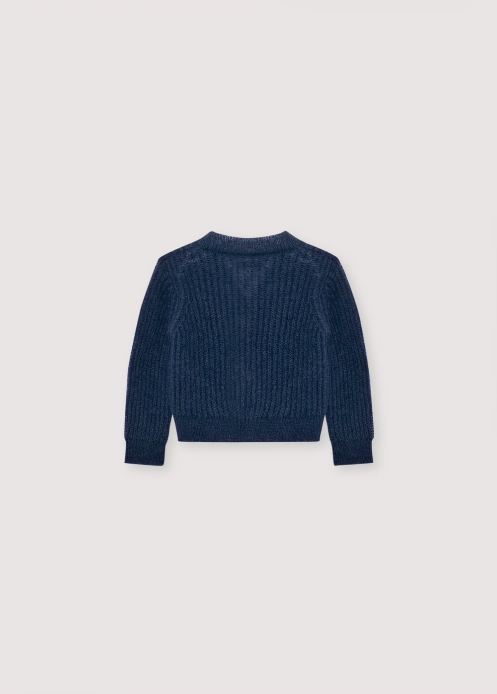 Cardigan en mohair en fine côte avec une encolure V et des boutons originaux en forme de cœur argentés. Il s'associe parfaitement avec des leggings en tricot assortis pour un look complet.
