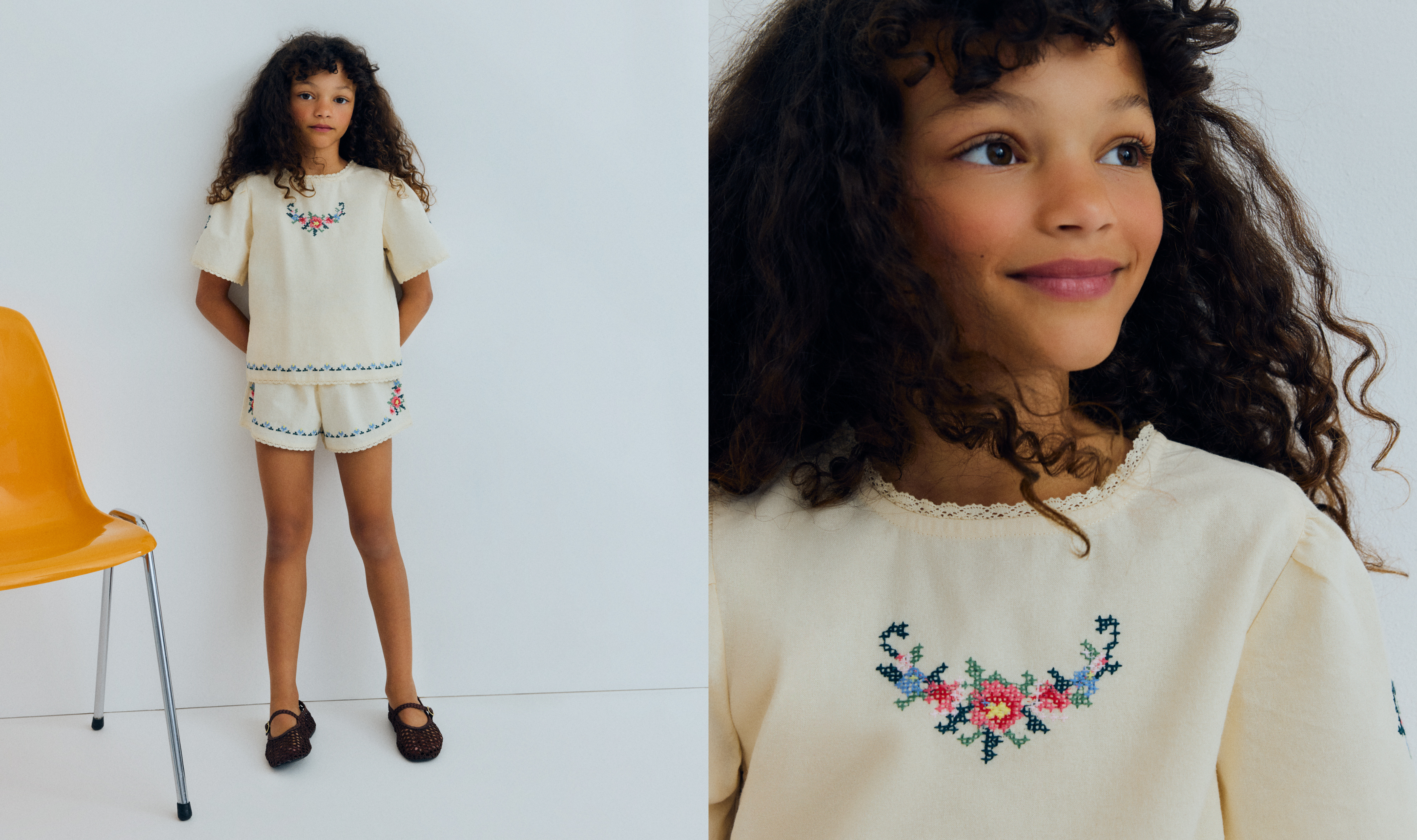 Girls wear garment in organic cotton with soft texture, relaxed fit, and delicate minimalist design