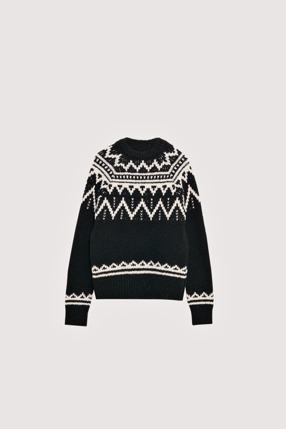 Wool sweater with a beautiful jacquard contrast detail on the front, back, and sleeves.