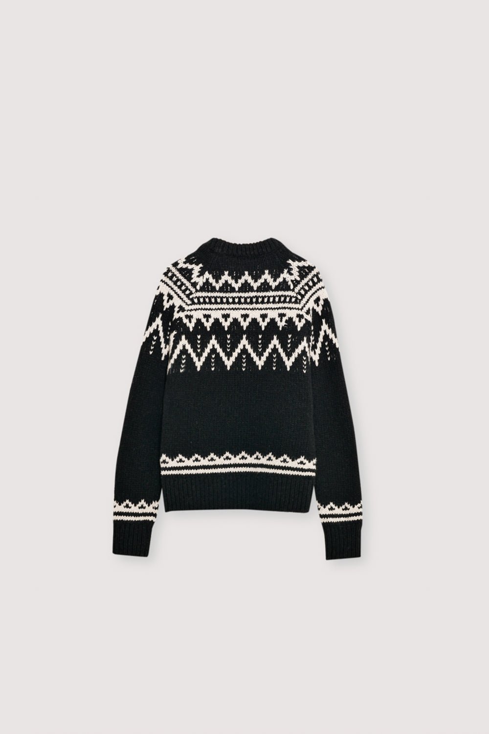 Wool sweater with a beautiful jacquard contrast detail on the front, back, and sleeves.