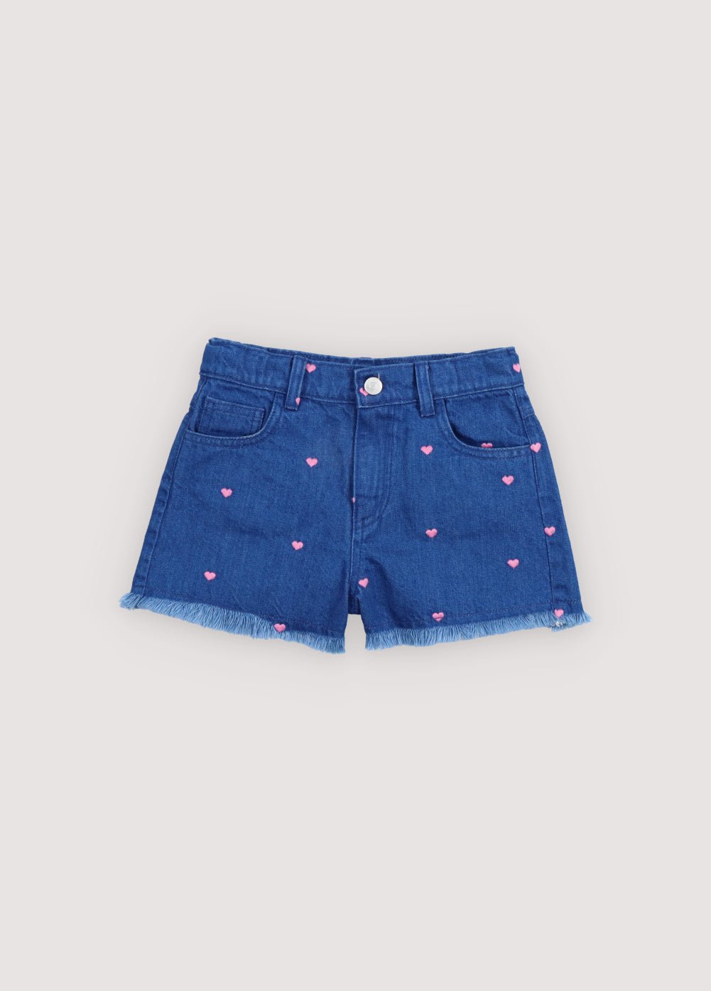 Denim shorts crafted in soft cotton with pretty all over heart embroidery, adding a playful and delicate touch.