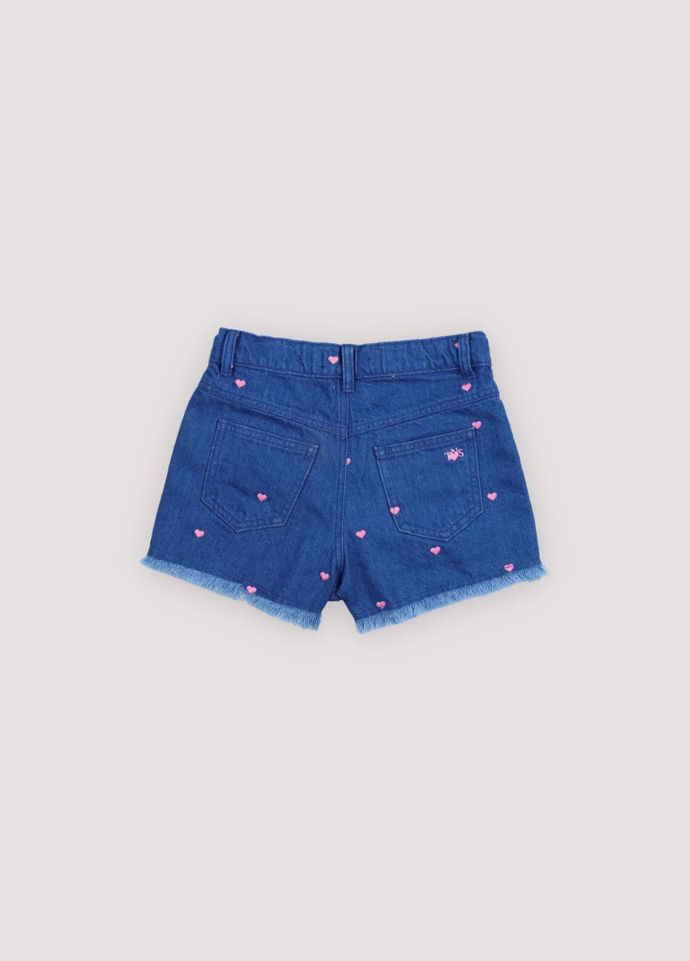 Denim shorts crafted in soft cotton with pretty all over heart embroidery, adding a playful and delicate touch.