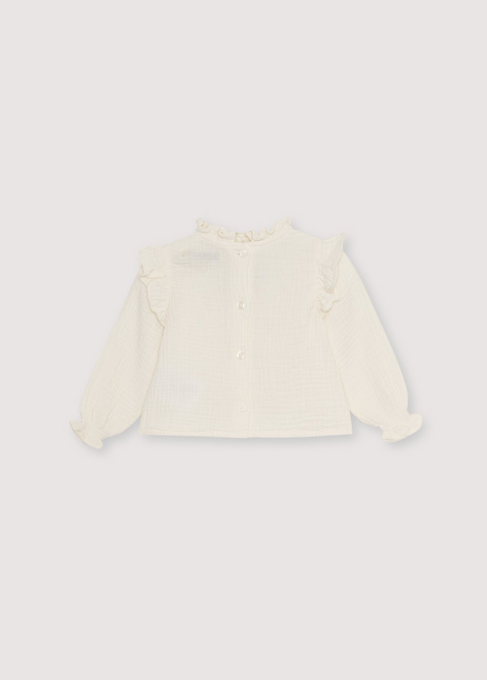 Eines unserer klassischen Double-Gaze-Blusenmuster mit kontrastierendem Stickdetail auf der Vorderseite. Es hat eine Öffnung auf der Rückseite mit Knöpfen und wird mit einer passenden Hose geliefert, um einen kompletten Look zu schaffen.