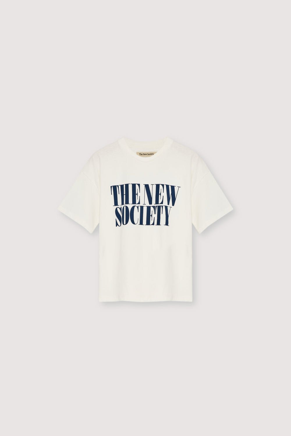 The Moonlight White T-shirt features a bold contrasting "The New Society" logo, designed for a clean and modern look