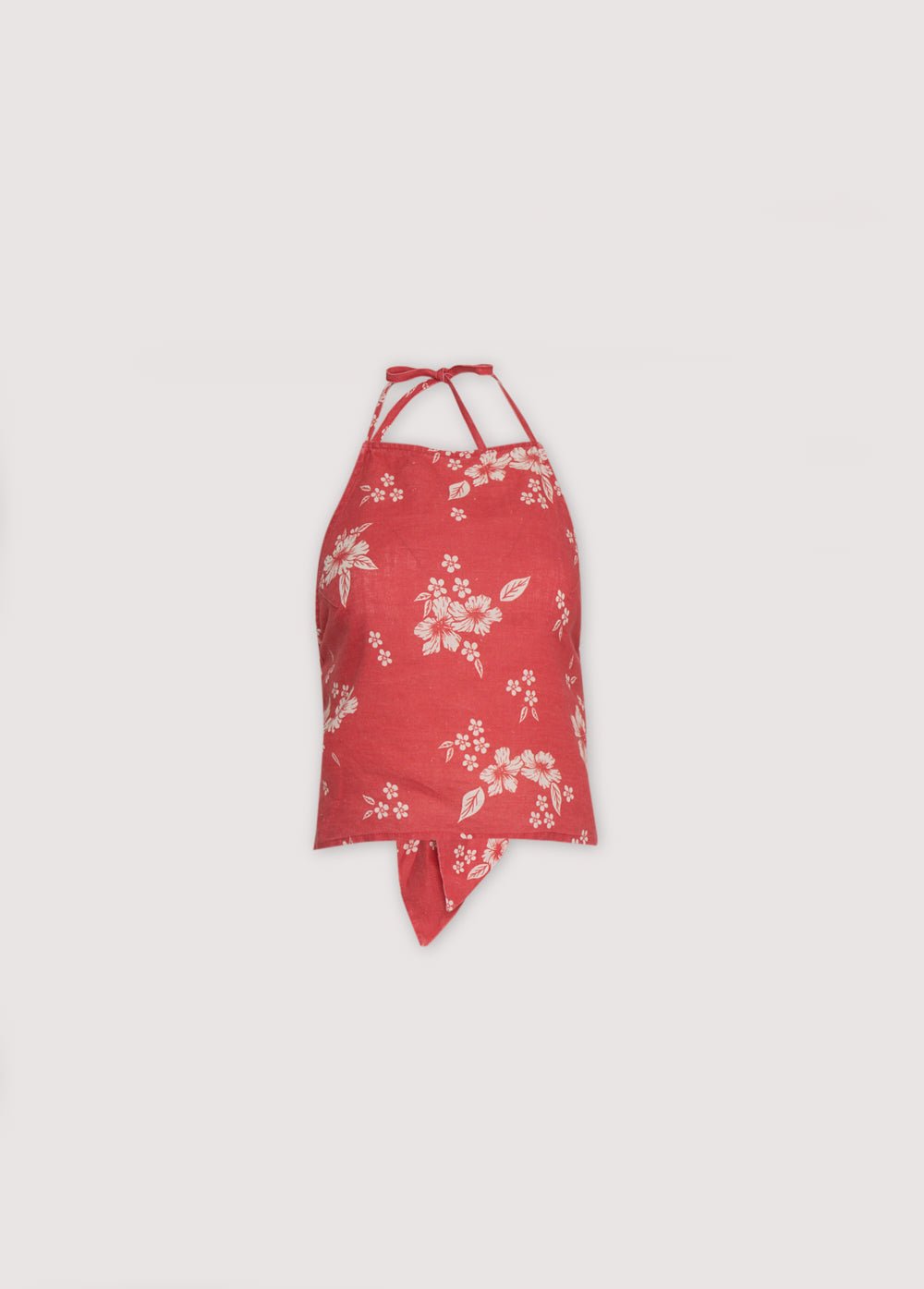 Top Femme Nauplia en 100% lin avec notre imprimé fleurs de plage chili, doté d'un décolleté dos nu et noué dans le dos par un nœud.