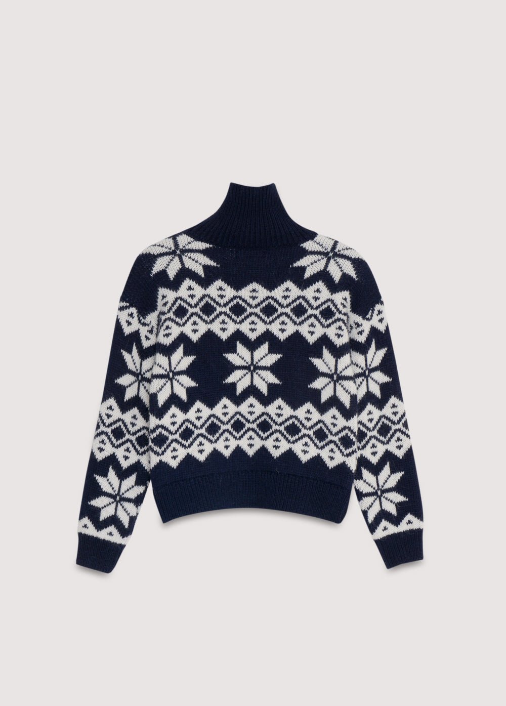 Pull court coupe large en luxueux mélange d'alpaga et de laine, doté d'un col montant côtelé et d'un magnifique motif jacquard contrasté.
