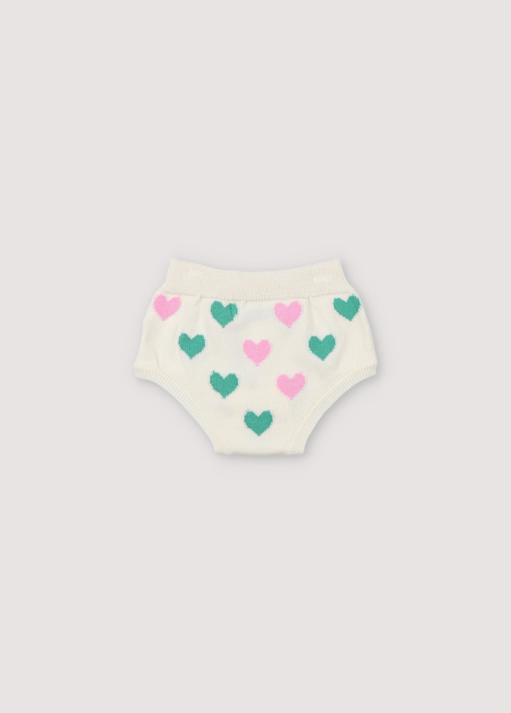 Bicolor heart intarsia bloomer with ribbed waistband and cuffs. It has a matching top. Spring Summer Collection. The New Society. 