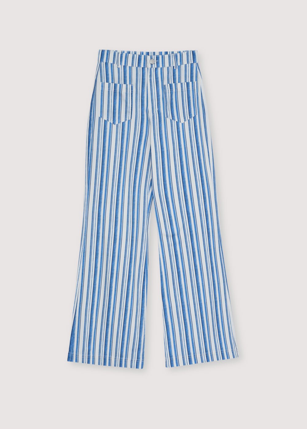 Pantalones vaqueros de rayas azules para mujer confeccionados con un refinado estampado de rayas en contraste que realza una silueta atemporal.
