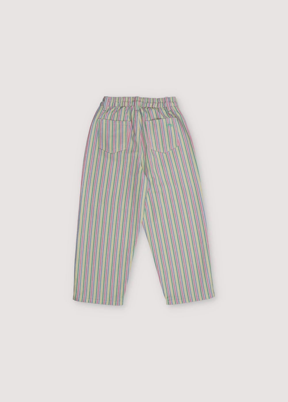 Denim trousers with a colorful multicolored stripe print and an elastic waistband at the back. Spring Summer Collection. The New Society. 